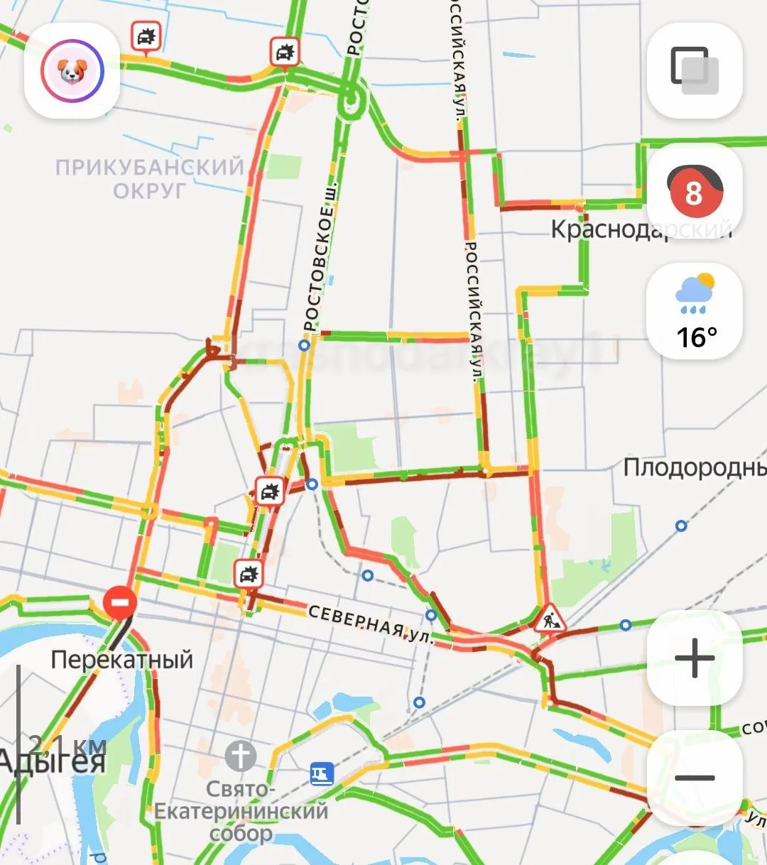 ❗ Сильные дожди спровоцировали 8-балльные пробки в Краснодаре.  Наиболее серьёзные заторы наблюдаютс