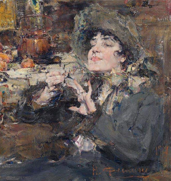 «Дама за маникюром. Портрет мадемуазель Жирмо». 1917, 72x67
 Николай Фешин (1881-1955)
Собственность