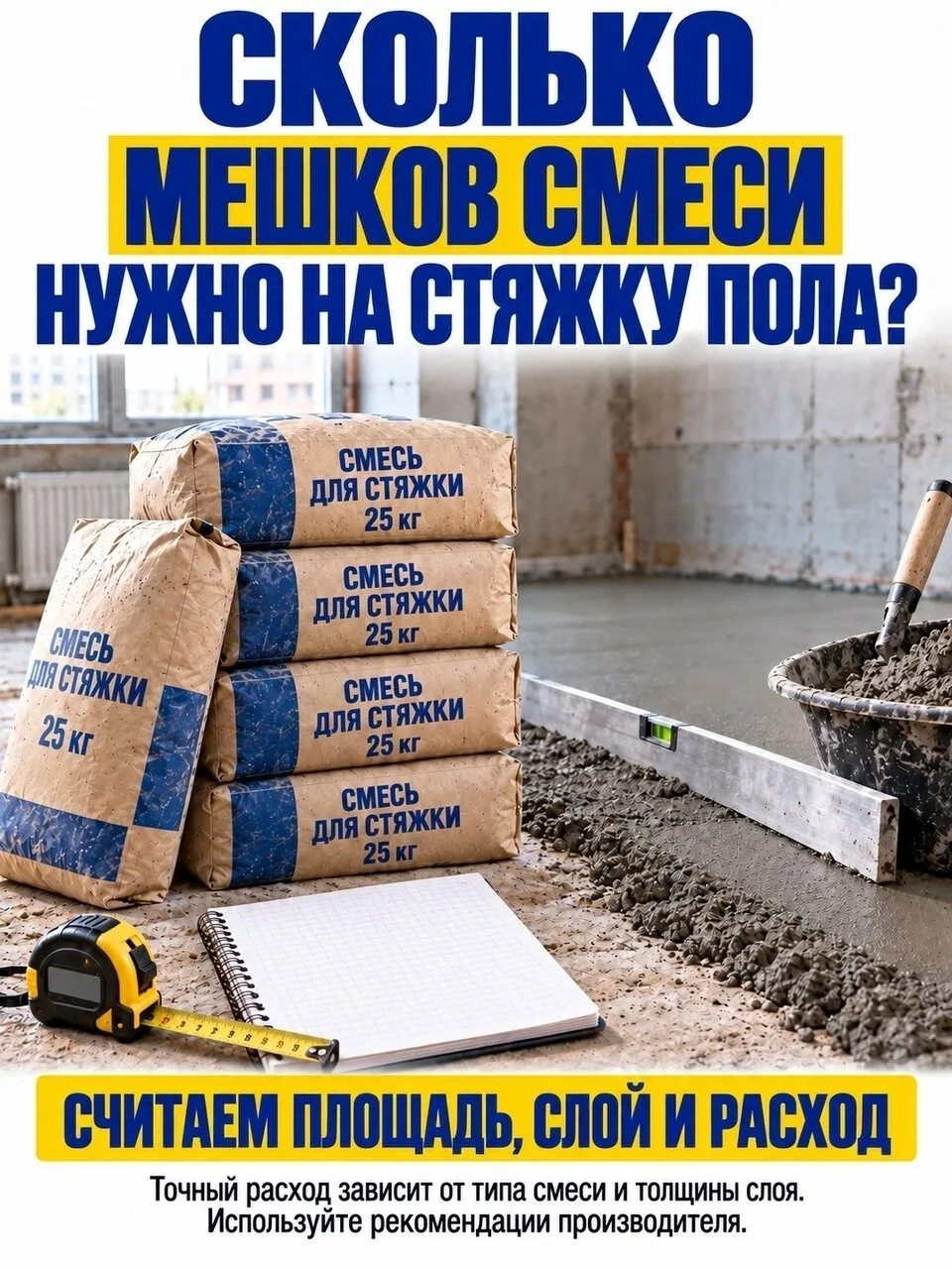 Сколько нужно мешков смеси для стяжки пола?