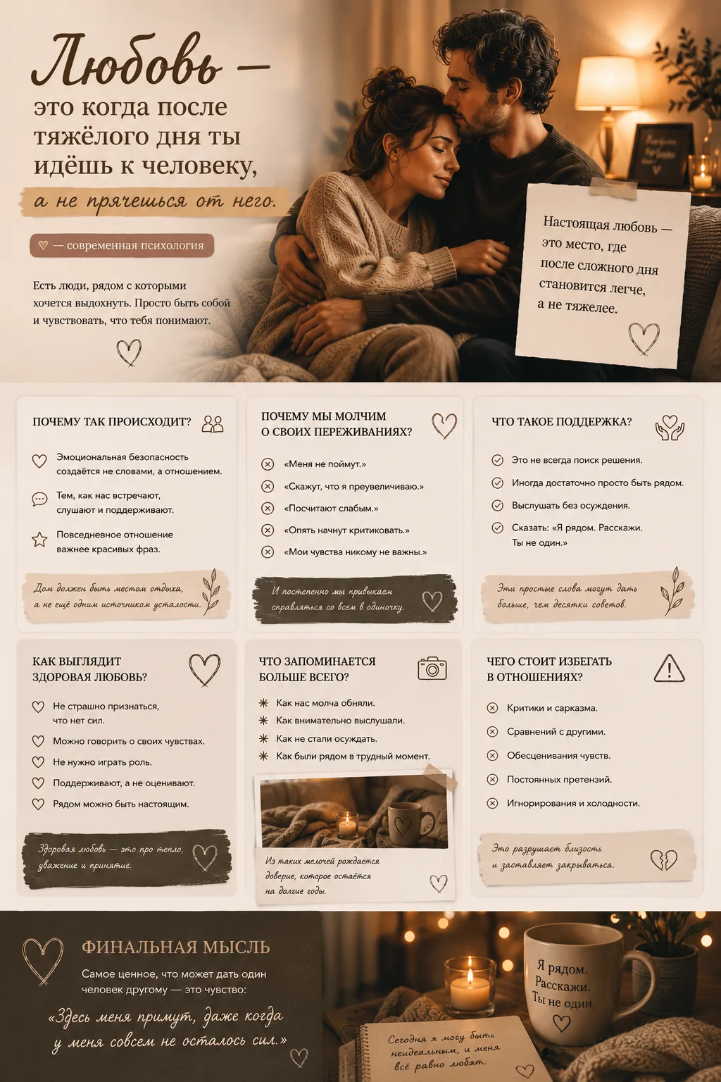 ✨ «Любовь — это когда после тяжёлого дня ты идёшь к человеку, а не прячешься от него.»
— современная