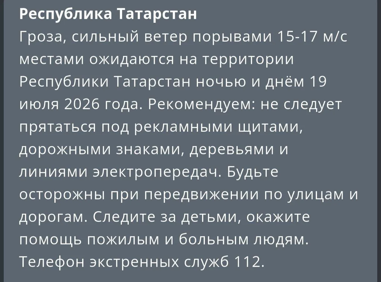 ⛈ На Татарстан надвигаются грозы и сильный ветер