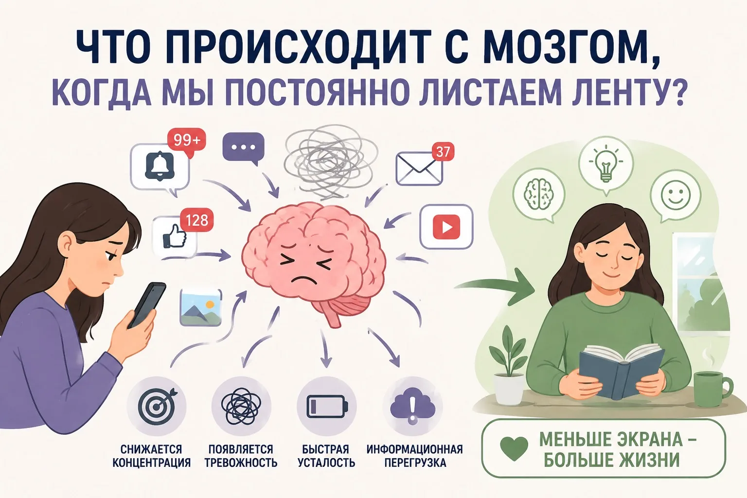 Что происходит с мозгом, когда мы постоянно листаем ленту? 🧠

Кажется, что мы просто «отдыхаем» в т