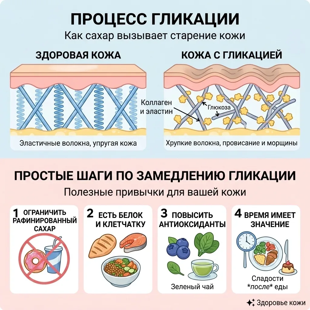 🍰 Как сахар старит кожу — простыми словами