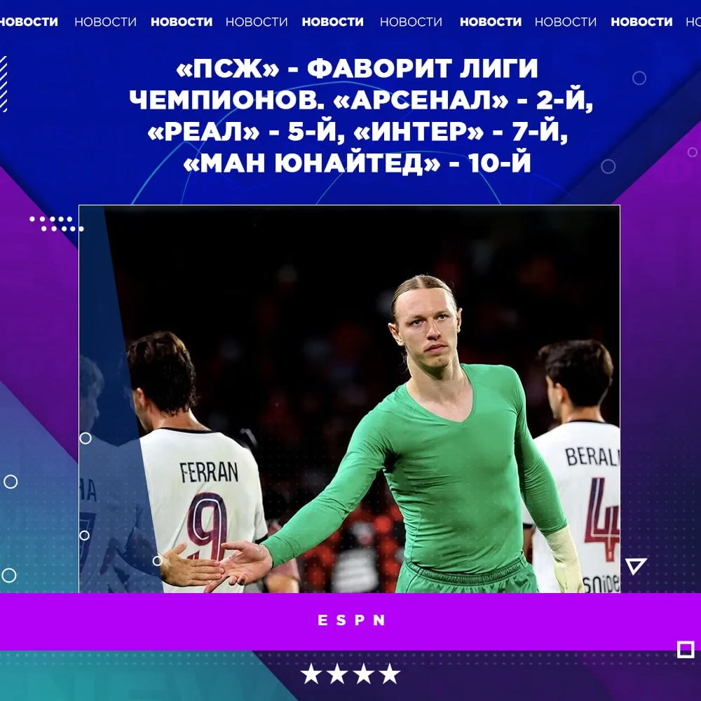 🗼 «ПСЖ» возглавил список фаворитов ЛЧ по версии ESPN