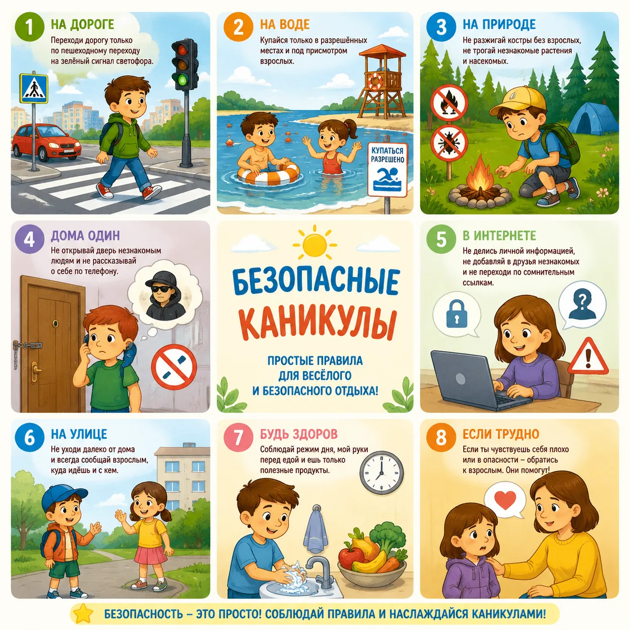 Безопасность — это просто! Соблюдай правила и наслаждайся каникулами!

1. На дороге: Переходи дорогу