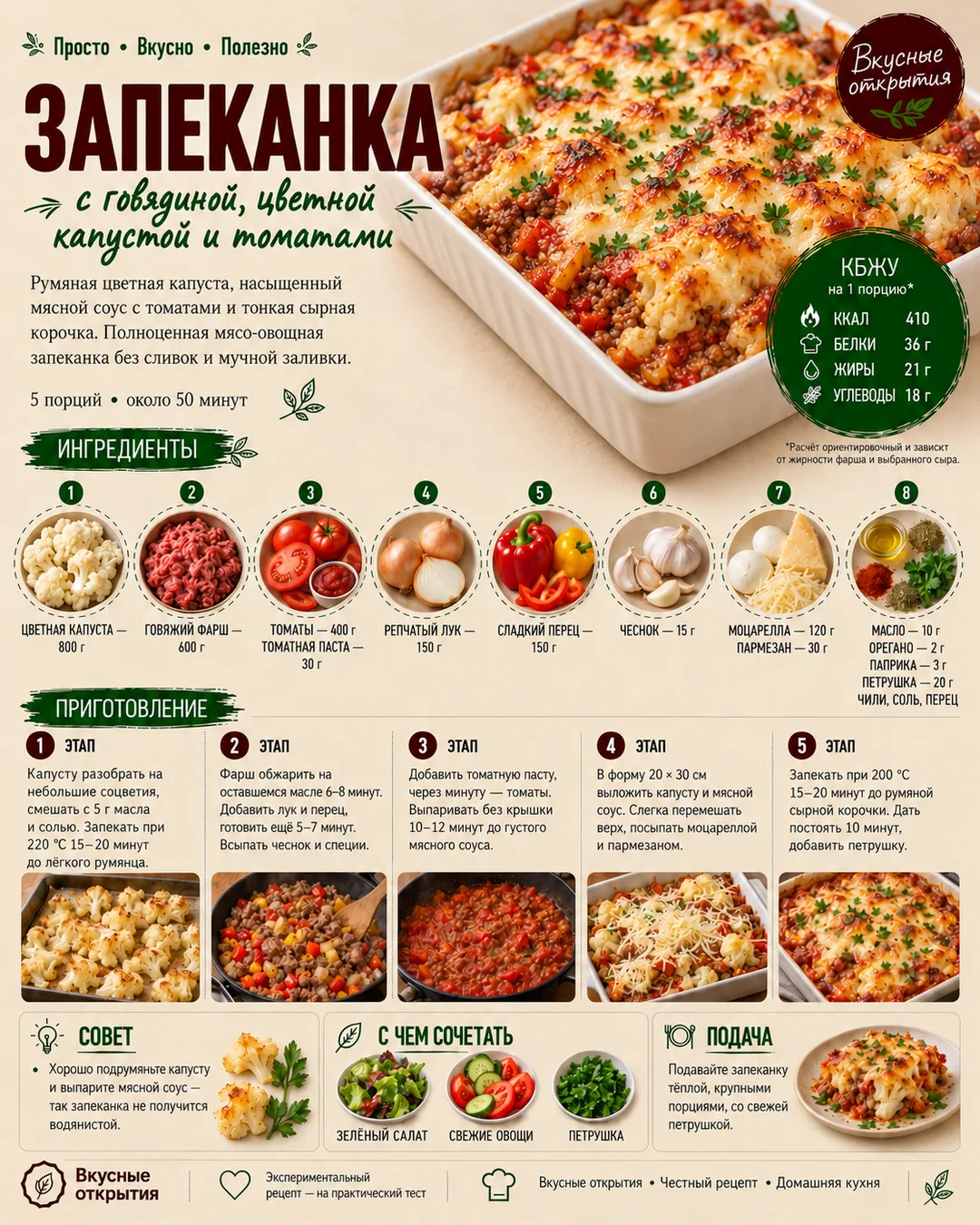 Мясная запеканка с румяной цветной капустой, густым томатным соусом и сырной корочкой. ...