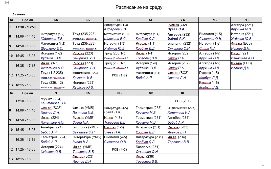 Изменения в расписании на 9 сентября во 2й смене (7А)