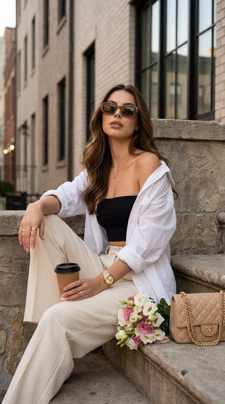 Вечерний стиль 🖤  Ultra-realistic editorial portrait on an urban stoop. The background features a st