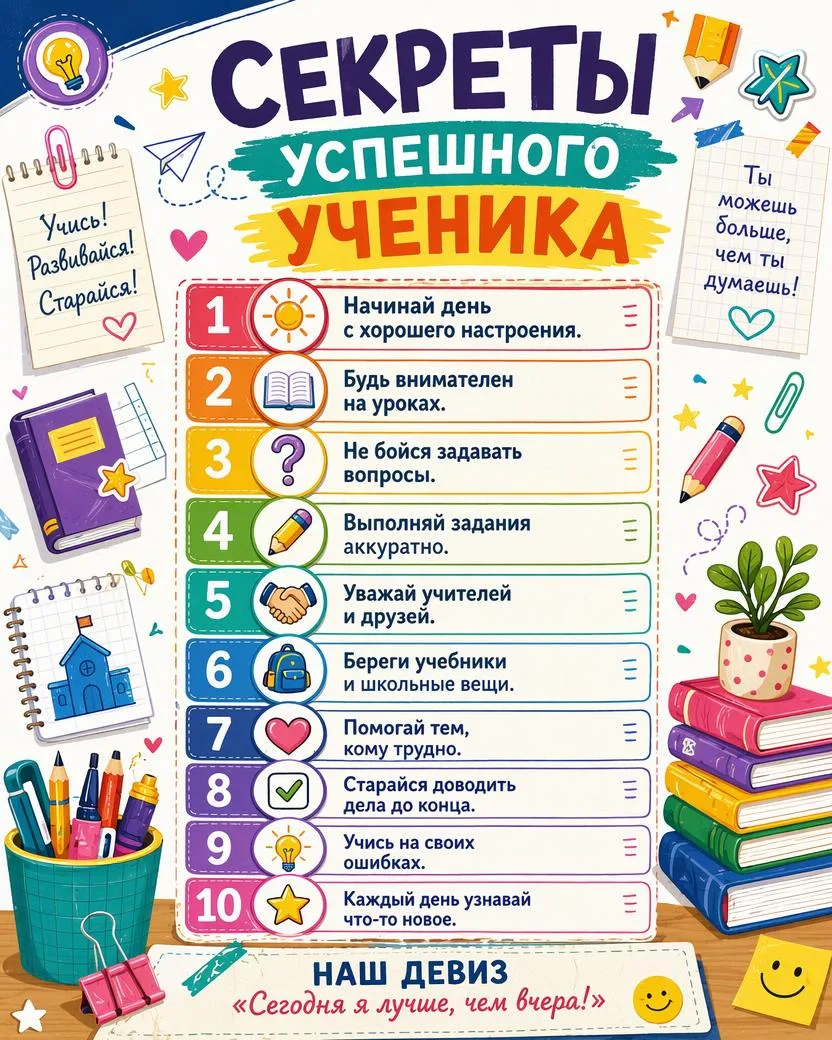Полезно каждому школьнику 🎒

Яркая и понятная памятка о внимательности, старательности, уважении и 