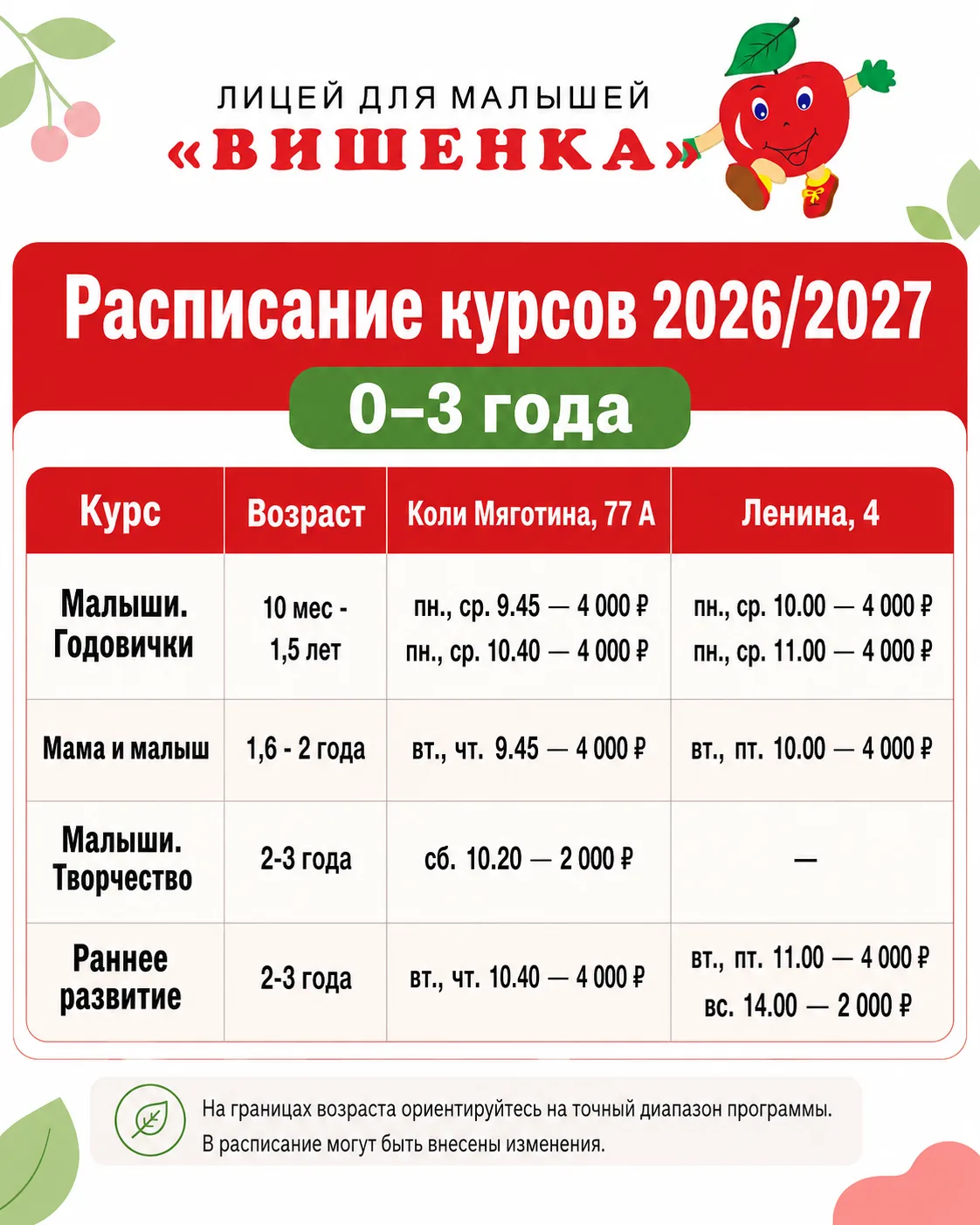 Уважаемые родители, наше ориентировочное расписание