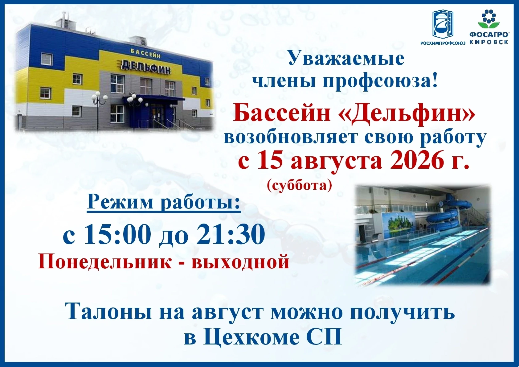 В субботу, 15 августа 2026 года, возобновляет свою работу Кировский городской бассейн «Дельфин»  пос