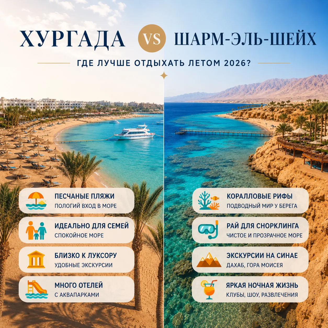 🇪🇬🌊 Хургада или Шарм-эль-Шейх — какой курорт выбрать для отдыха в Египте?

Этот вопрос туристы за