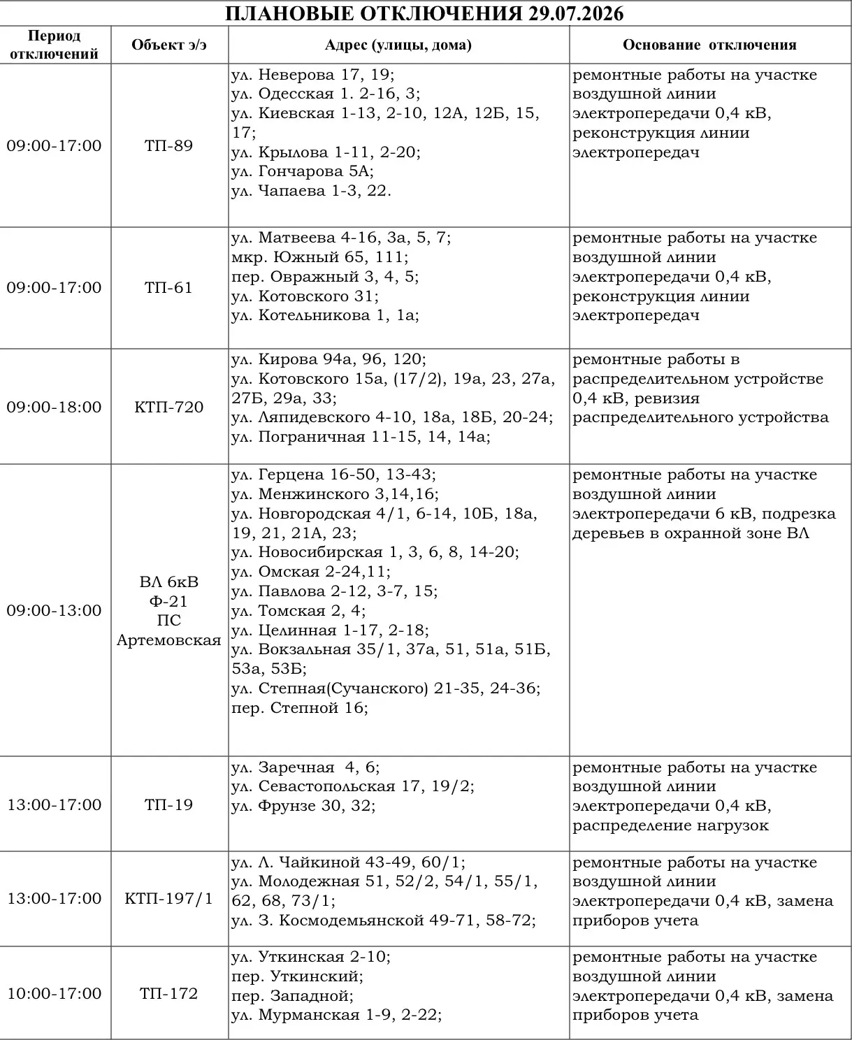💡 Уважаемые потребители г. Артёма 
Информируем вас о плановых отключениях электроэнергии

Благодари