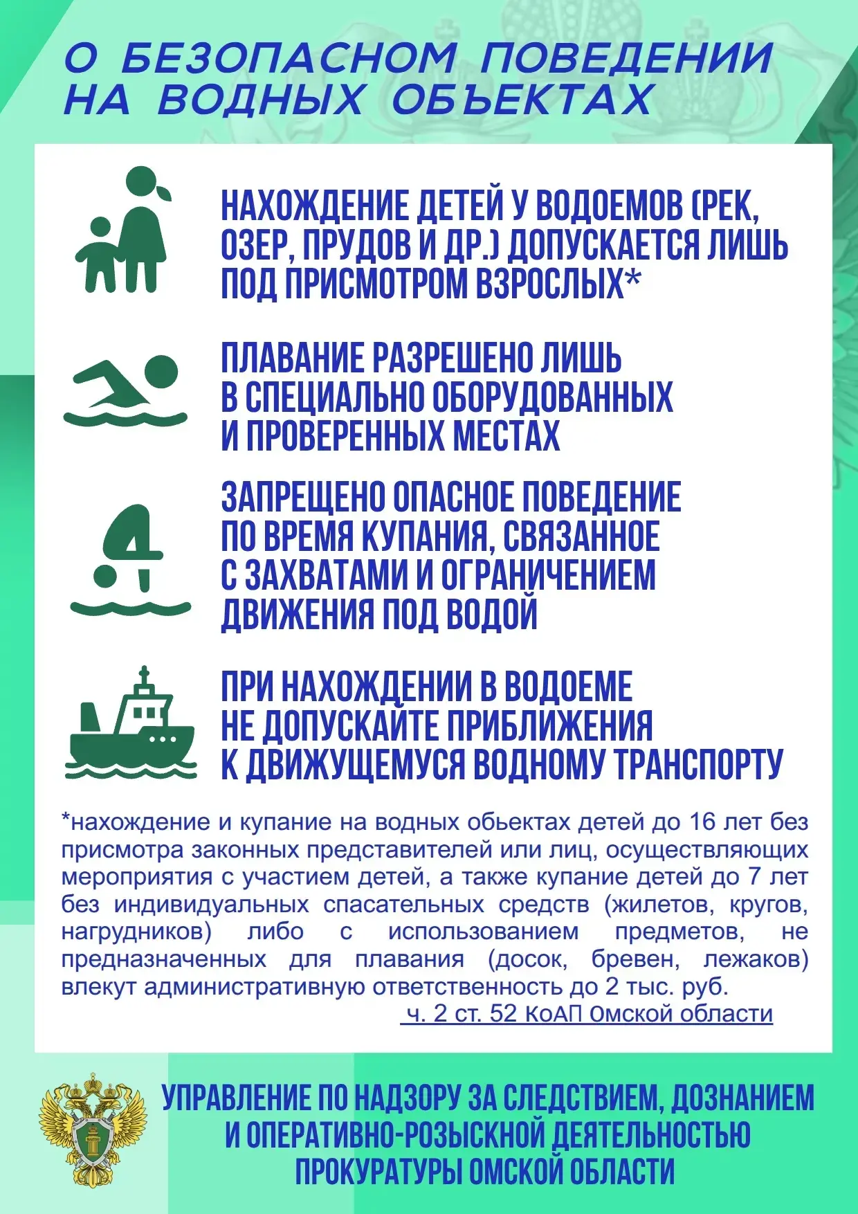 «О БЕЗОПАСНОМ ПОВЕДЕНИИ НА ВОДНЫХ ОБЪЕКТАХ»
 
Кодексом Омской области об административных правонаруш