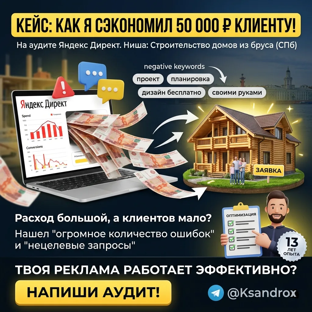 Сэкономил 50 000 рублей клиенту на оптимизации Яндекс Директ

Ниша: строительство домов из бруса.

К
