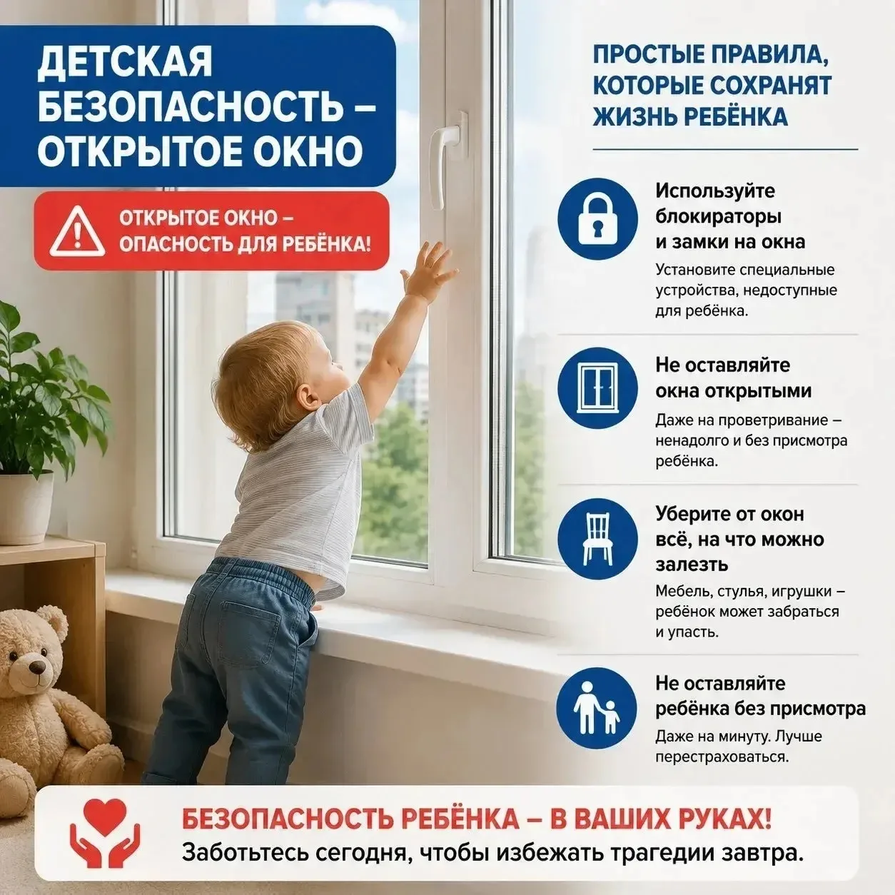 МО МВД России "Верхнепышминский" напоминает об опасности открытых окон для детей.