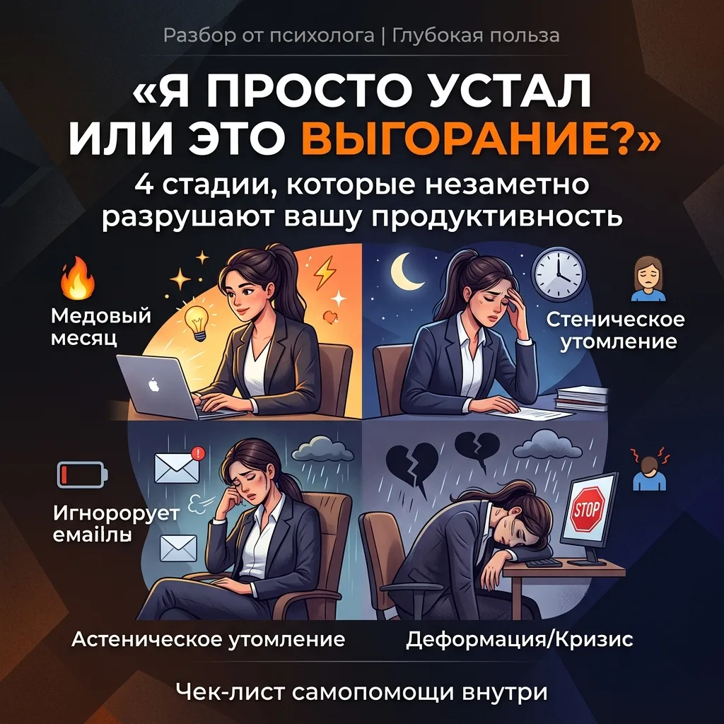 Стадии выгорания. Как не пропустить точку невозврата.
​«Я просто устал или это выгорание?»: 4 стадии