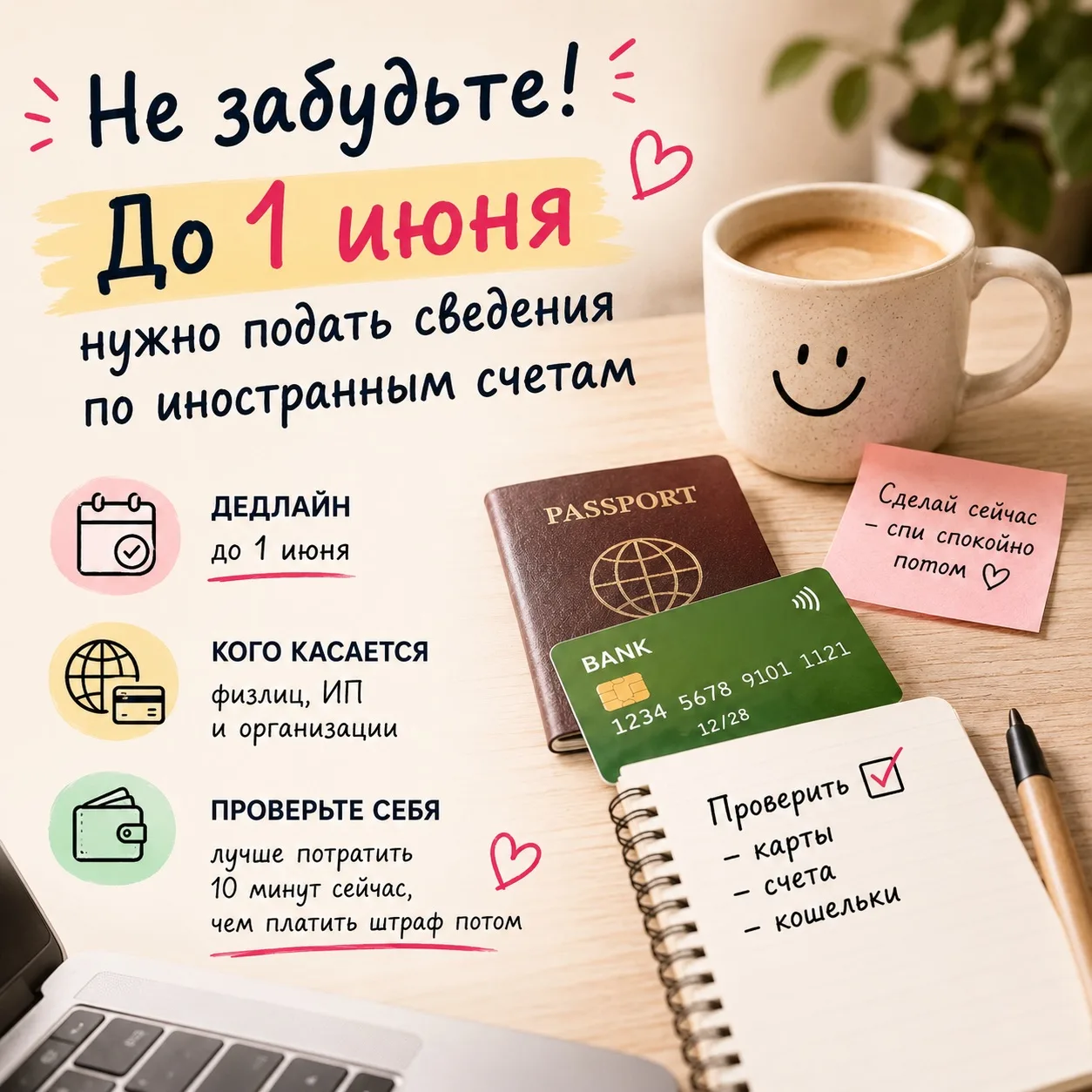 ❗️Друзья, не забудьте — до 1 июня нужно подать сведения по иностранным счетам