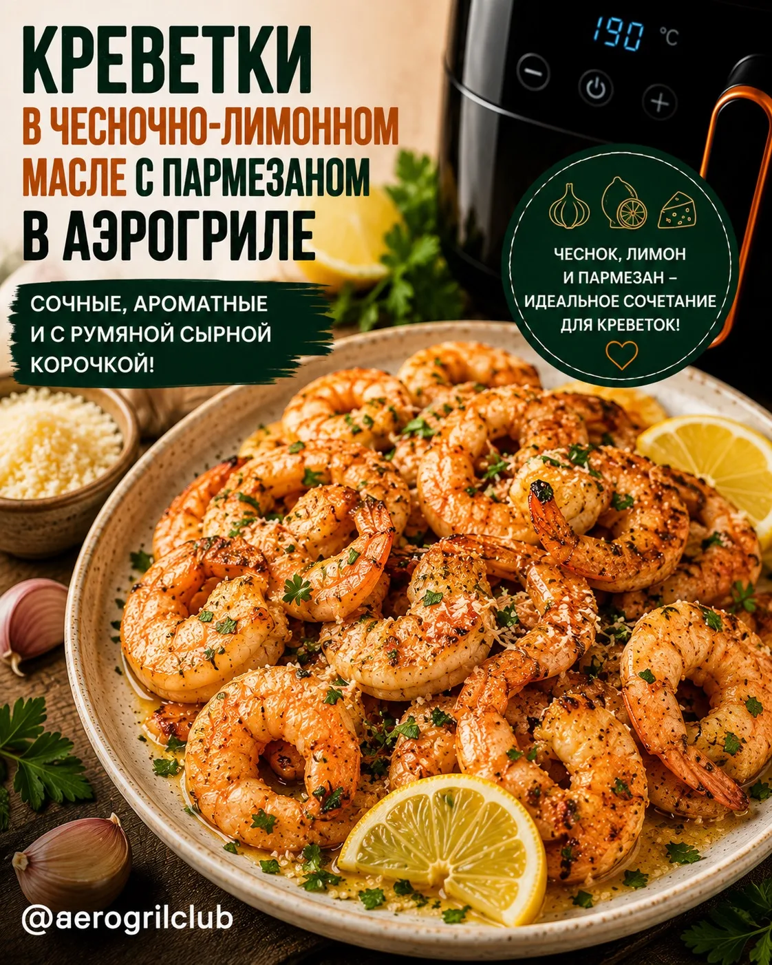 🍤 Креветки в чесночно-лимонном масле с пармезаном в аэрогриле