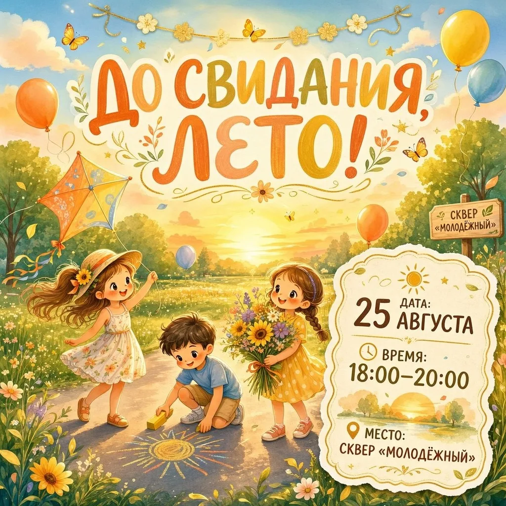 🎉 До свидания, лето! Приглашаем на яркий праздник в сквере «Молодёжный»! 🎉