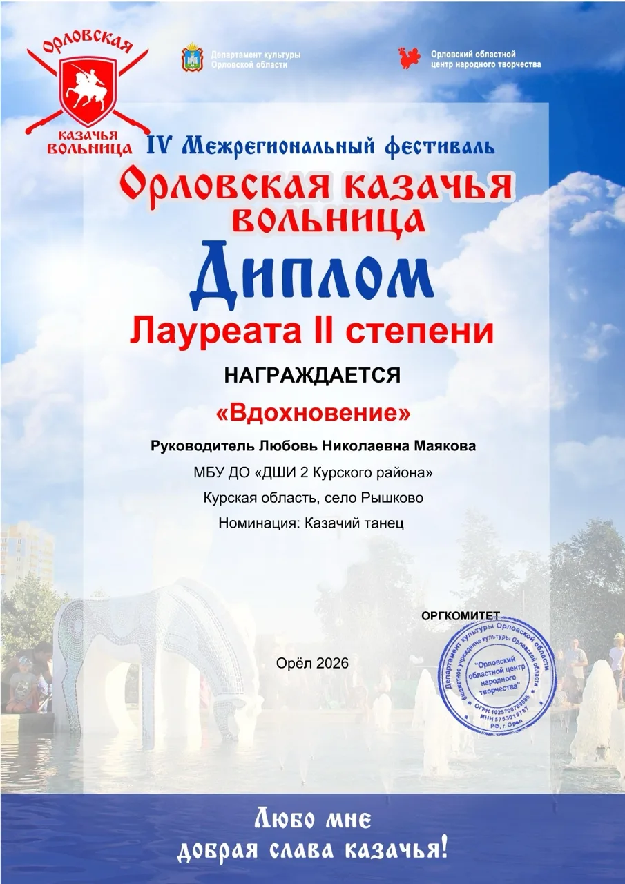 Поздравляем Танцевальный коллектив "Вдохновение" (руководитель Маякова Л.Н..) который п...
