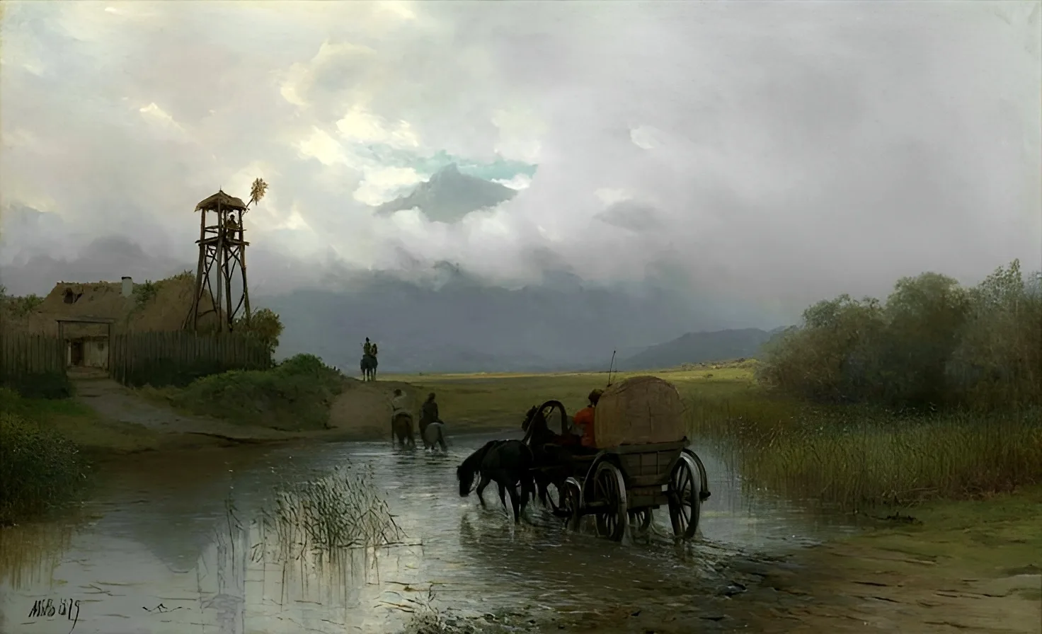Кавказ. Казаки, пересекающие реку. Живопись Л.Ф. Лагорио, 1879 г.