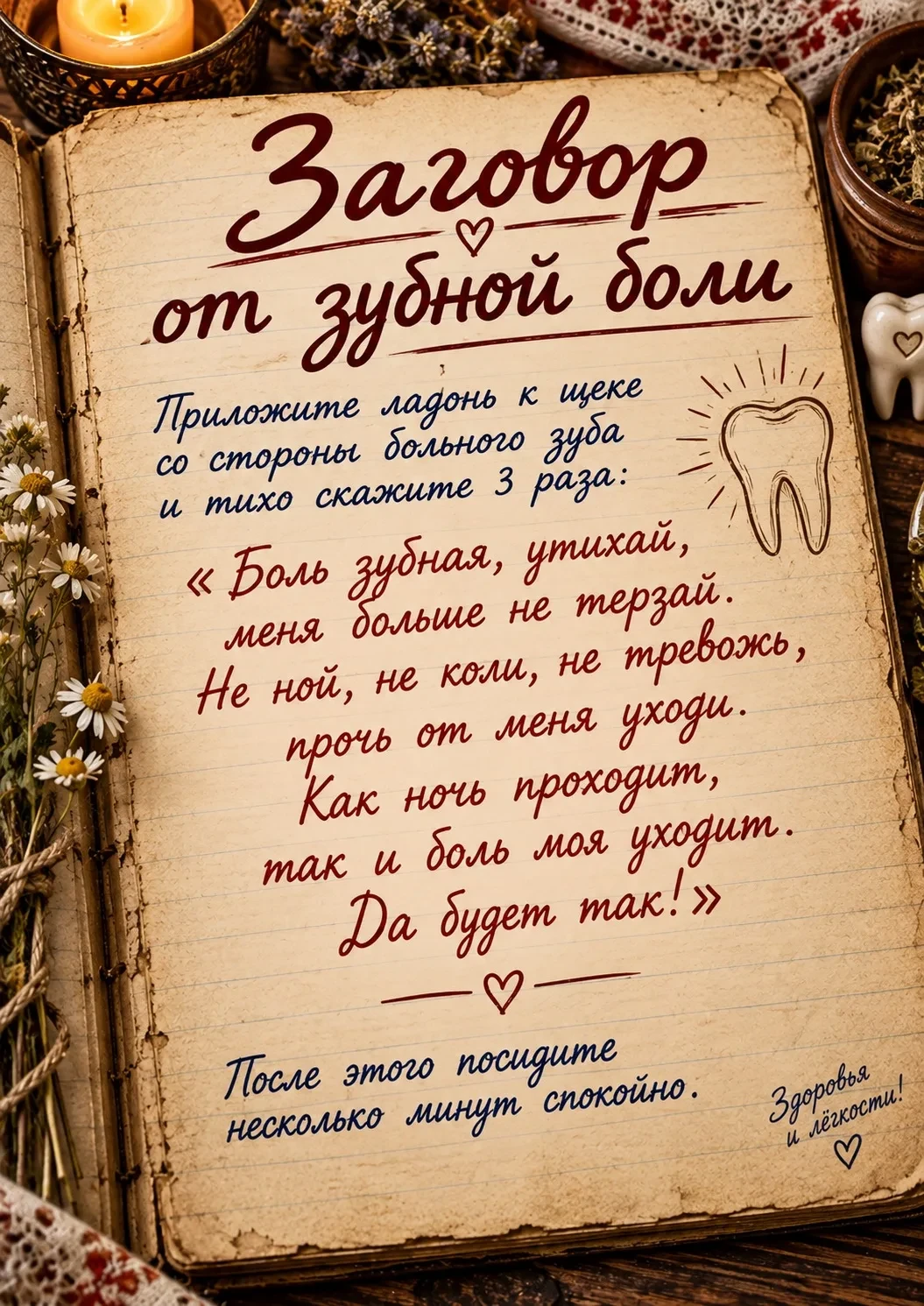 🦷 Приложите ладонь к щеке со стороны больного зуба и спокойно произнесите слова с карт...