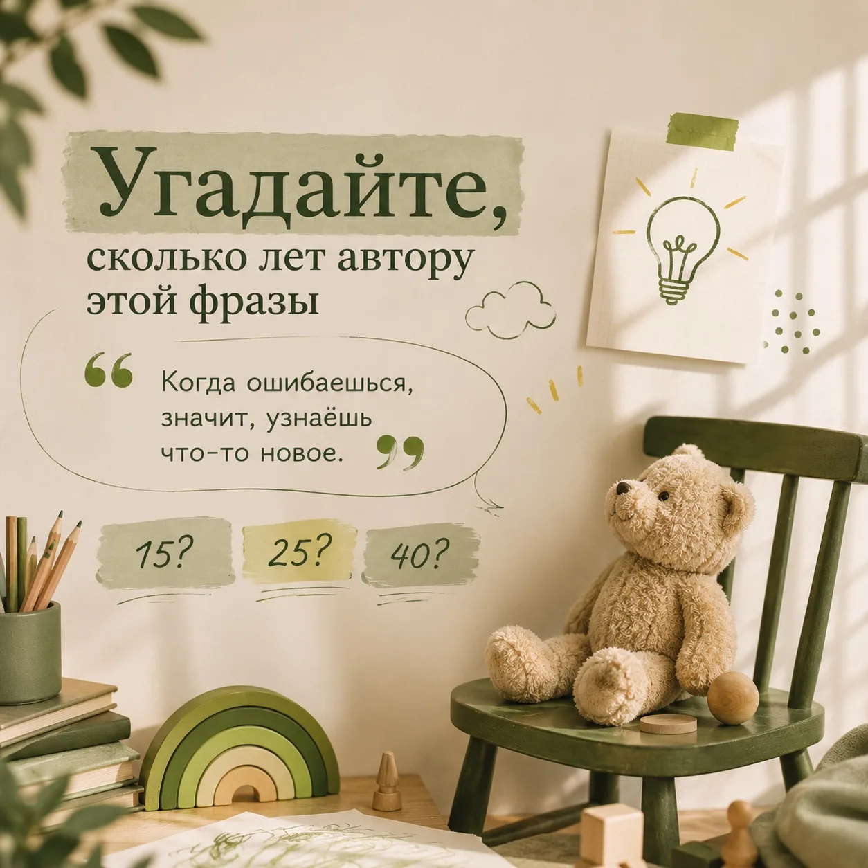 Угадайте, сколько лет автору этой фразы.

«Когда ошибаешься, значит, узнаёшь что-то новое.»

Как дум