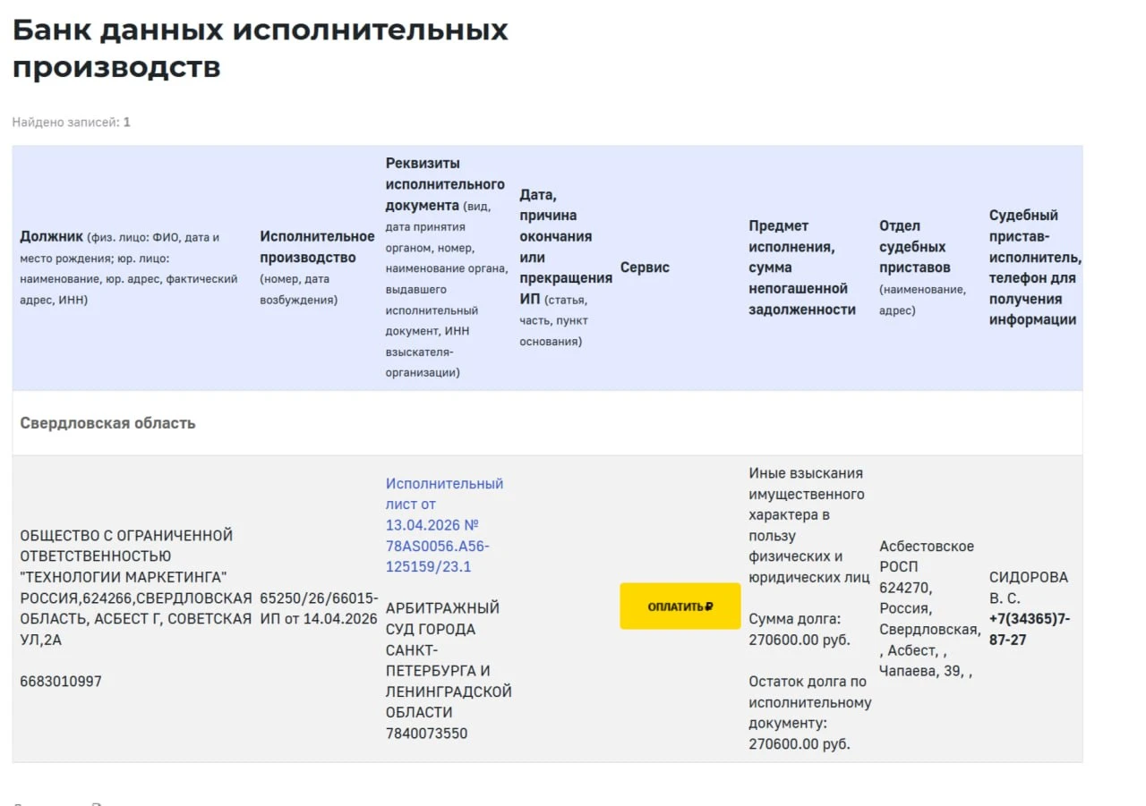 Судебный пристав взыскал с ТХ 270к долга в пользу Церебро