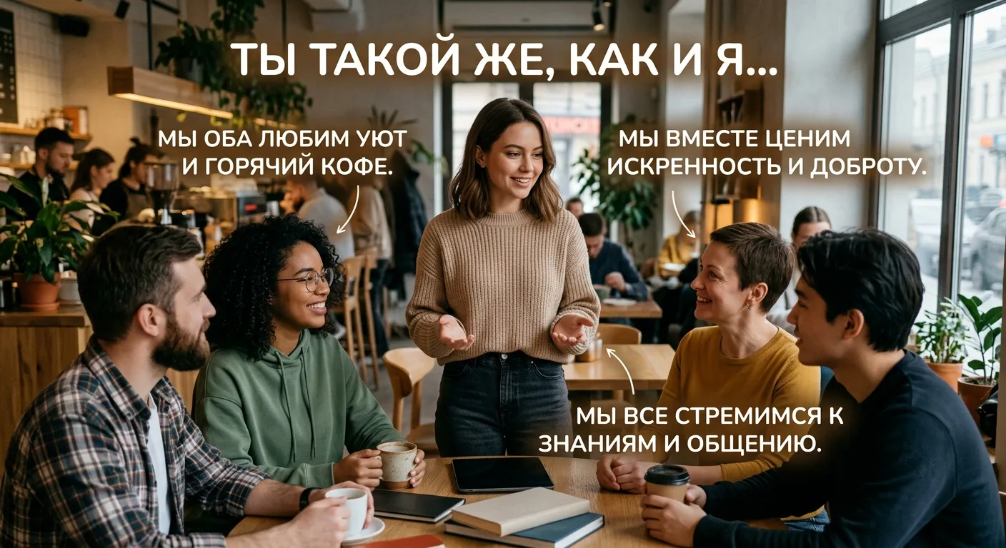 Посмотри на людей, окружающих тебя сейчас, 

постарайся увидеть по 3 общие черты с собой. 

Скажи ка