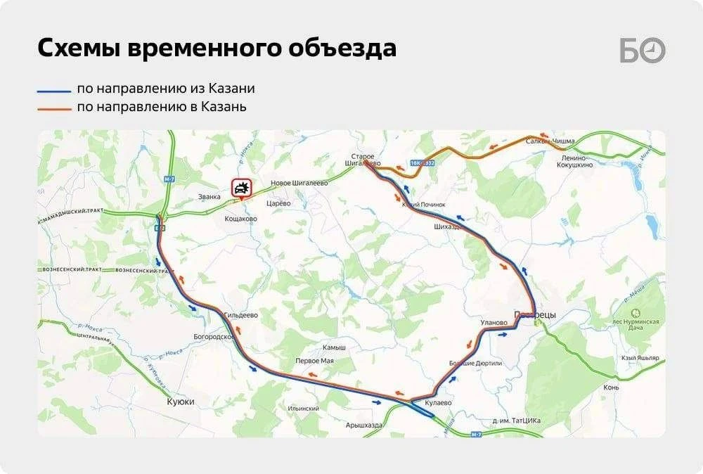 Из-за обрушения перехода на трассе Казань — Шемордан организован объезд через Пестрецы:...