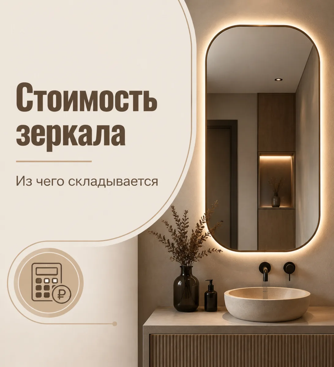 Из чего складывается стоимость зеркала на заказ?

Цена формируется из нескольких факторов:
— разм