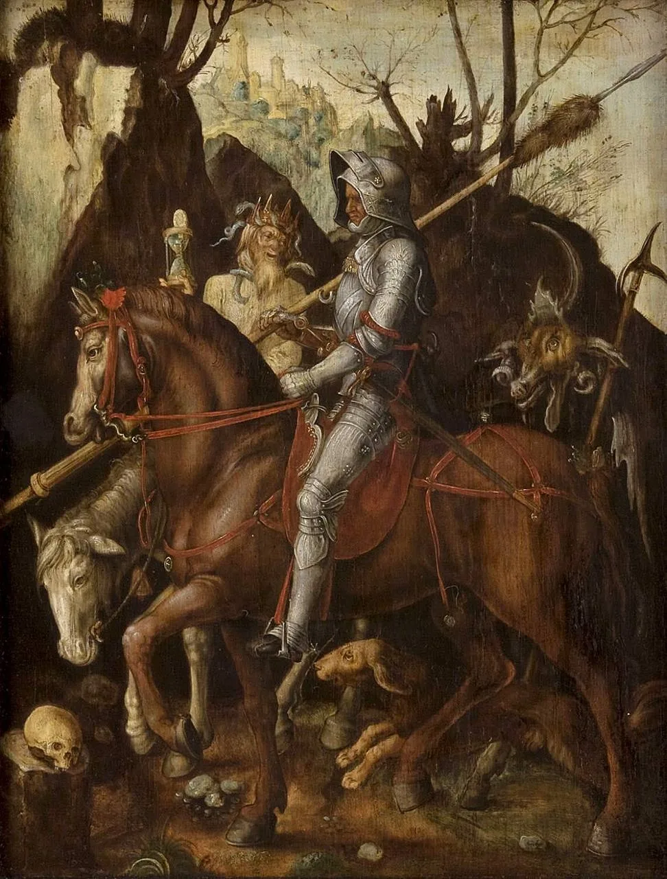 1513. Альбрехт Дюрер. Рыцарь, Смерть и Дьявол. 
 
Авторская гравюра (оригинал) и вариант воссоздания