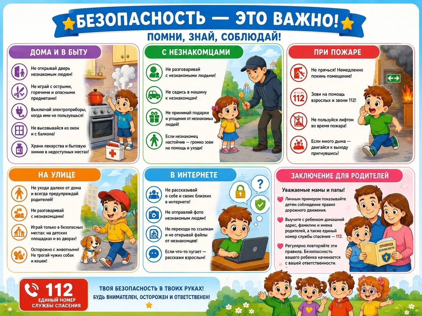 Консультация: «Безопасность — это важно!»

Эти плакаты помогу вам обсудить с детьми главные правила 