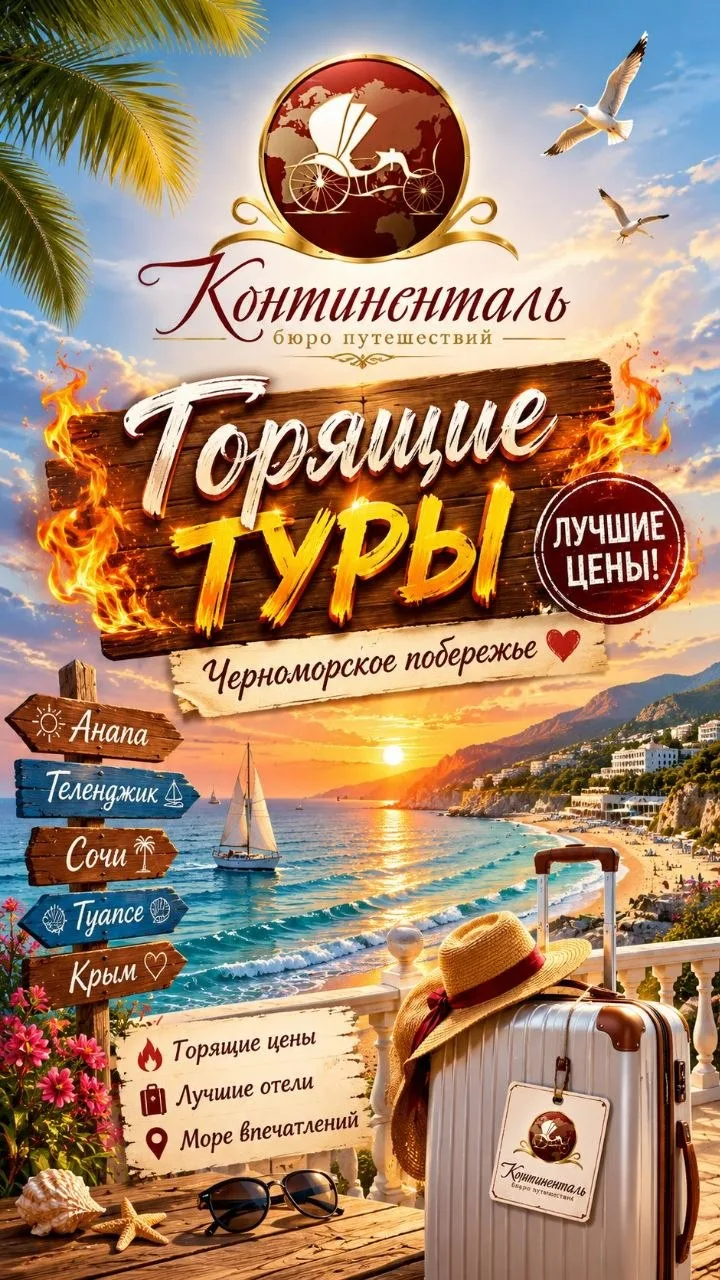 🌞 ГОРЯЩИЕ ТУРЫ НА ЧЕРНОМОРСКОЕ ПОБЕРЕЖЬЕ
Выезжаем из Астрахани:
12.06\16.06
Проживание на 7 ночей, 