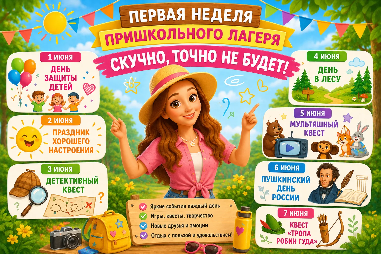 Скучно точно не будет!

Представляю вам содержание первой недели моего сборника "Летний лагерь":
🎈 