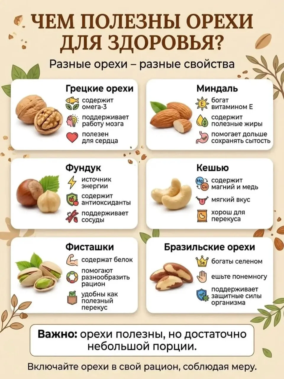 🥜  Орехи — маленький продукт с очень насыщенным составом. Причём разные виды отличаютс...