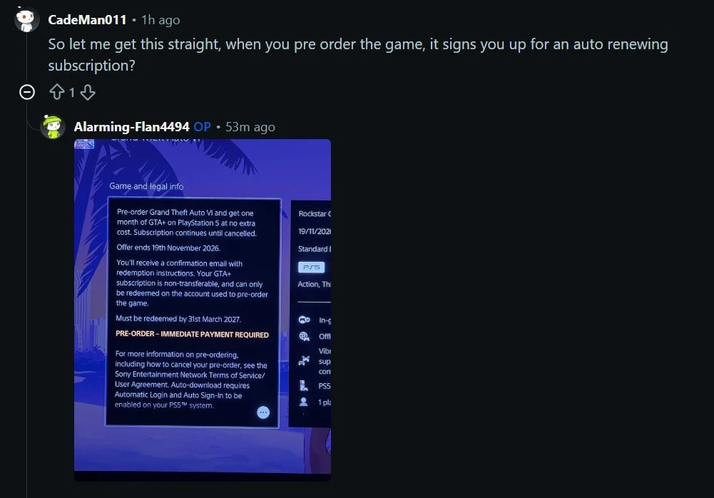 На Реддите пишут, что при попытке предзаказать GTA 6, пользователю автоматом дают месяц...