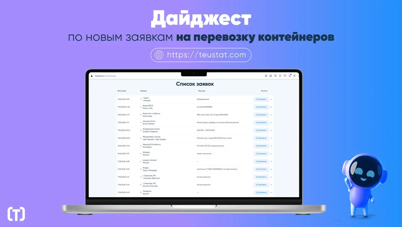 За период с 8 по 21 июня опубликованы новые заявки на перевозку контейнеров по следующи...