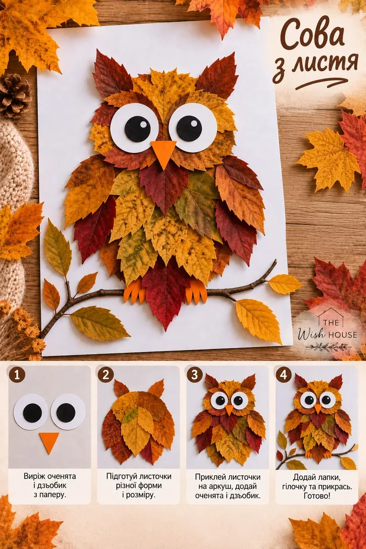 Сова из осенних листьев 🍁🦉
