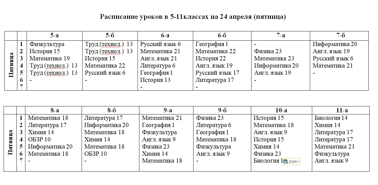 РАСПИСАНИЕ уроков в 5-11 классах на 24 апреля (пятница).