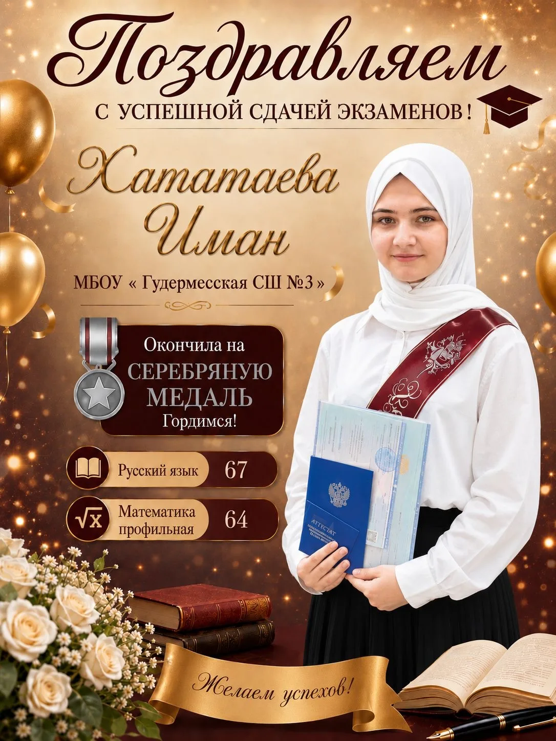 Поздравляем, Иман! 🌸🎓

От всей души поздравляем тебя с успешной сдачей экзаменов и окончанием школ
