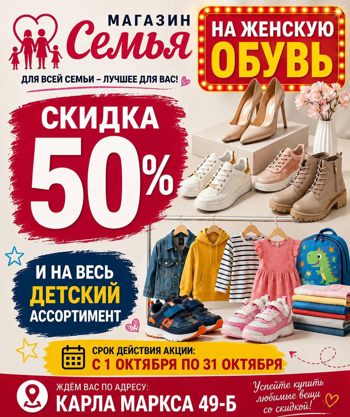 В Гипермакете «Семья» скидка -50% на весь детский ассортимент и на всю женскую обувь с ...