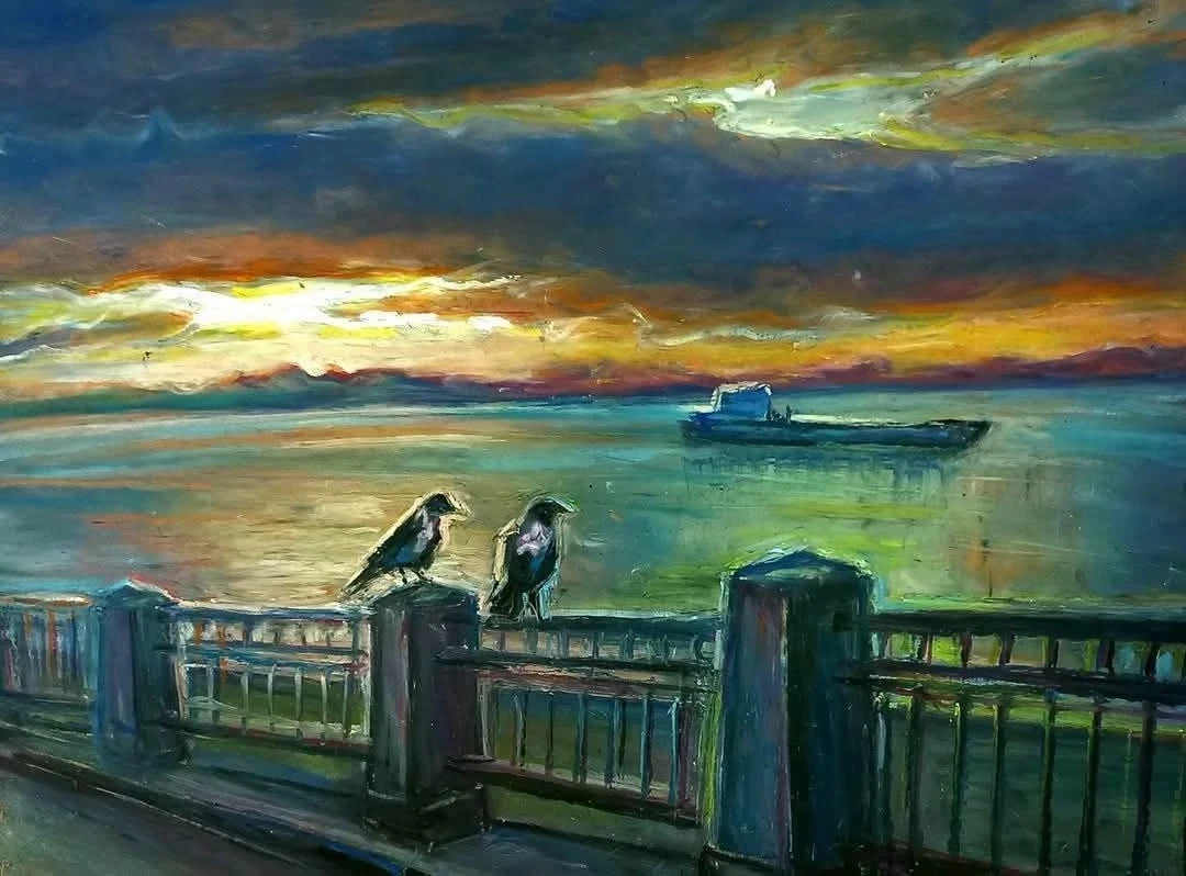 🌅 Последние дни августа на Волге. Масляная пастель.