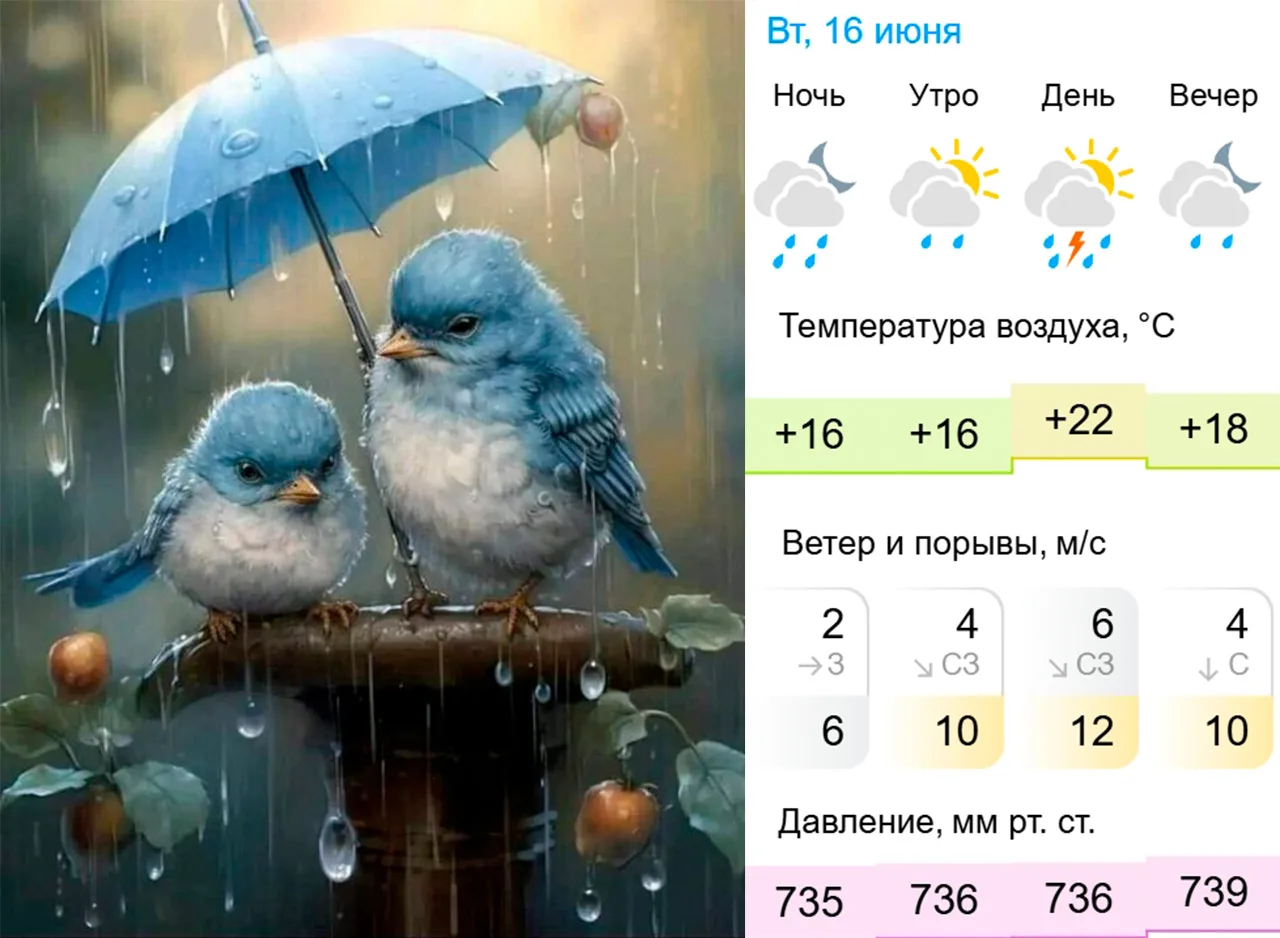 Доброе утро! ❤️
Желаем, чтобы всё задуманное сбылось без усилий.

Погода в Боготоле 16 июня

Утро +1