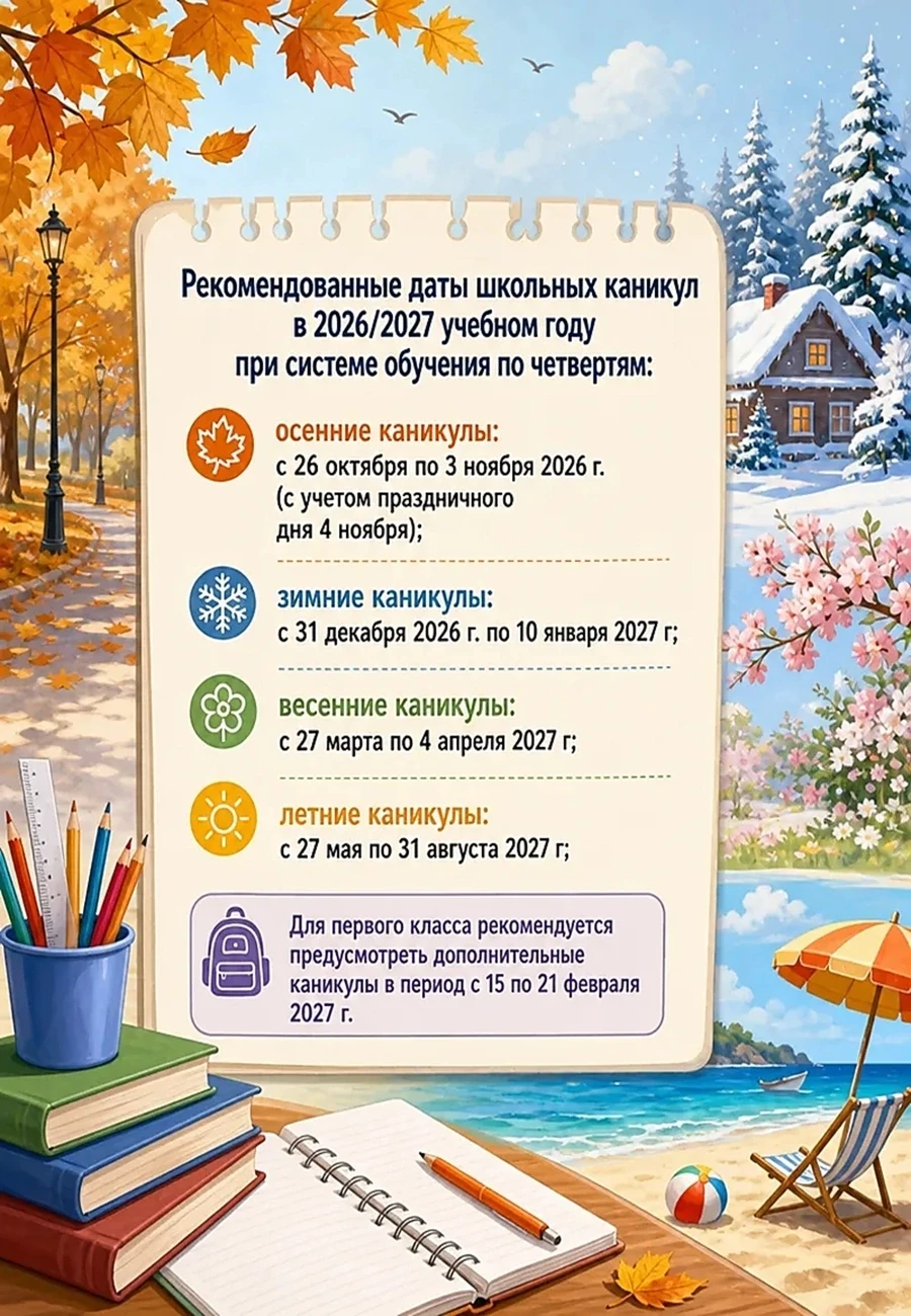 Российским школам рекомендован график каникул на 2026/27 учебный год

Министерство просвещения Росси