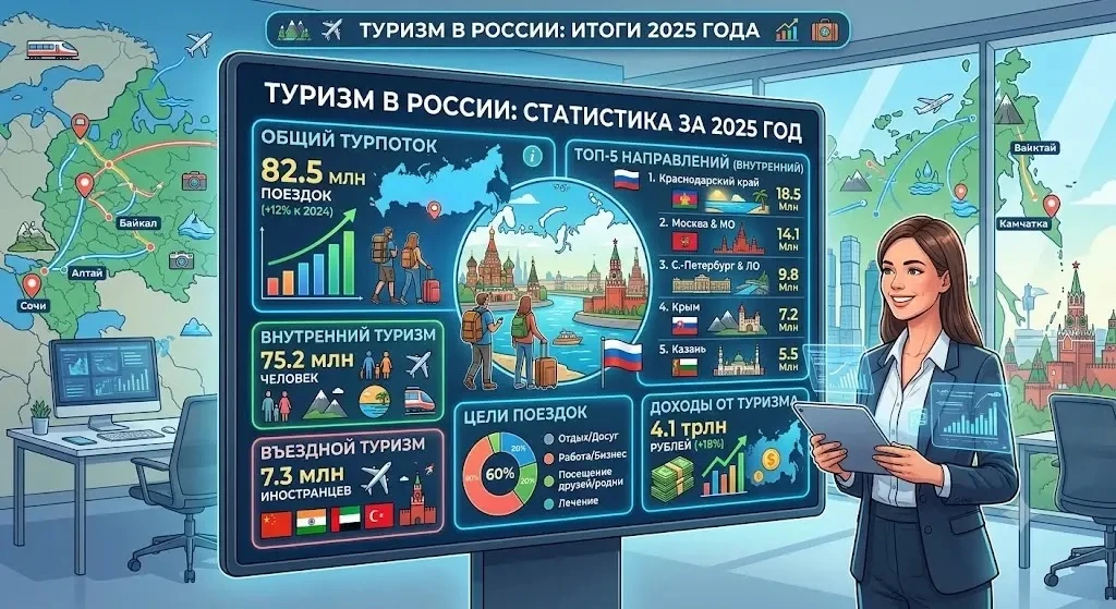 Занимательная статистика о туризме за 2025 год 

📌1. Около 164 млн поездок по России. Это на 7,5% б