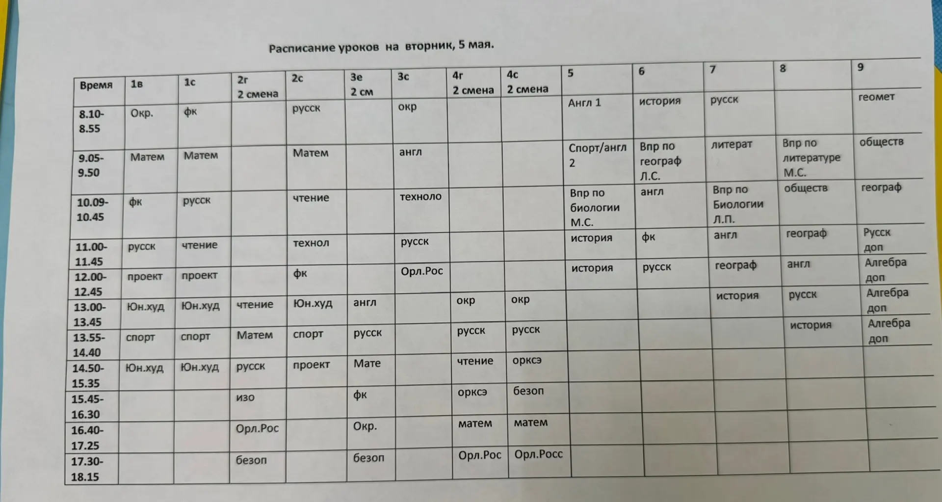 Расписание на 5 мая Сокол