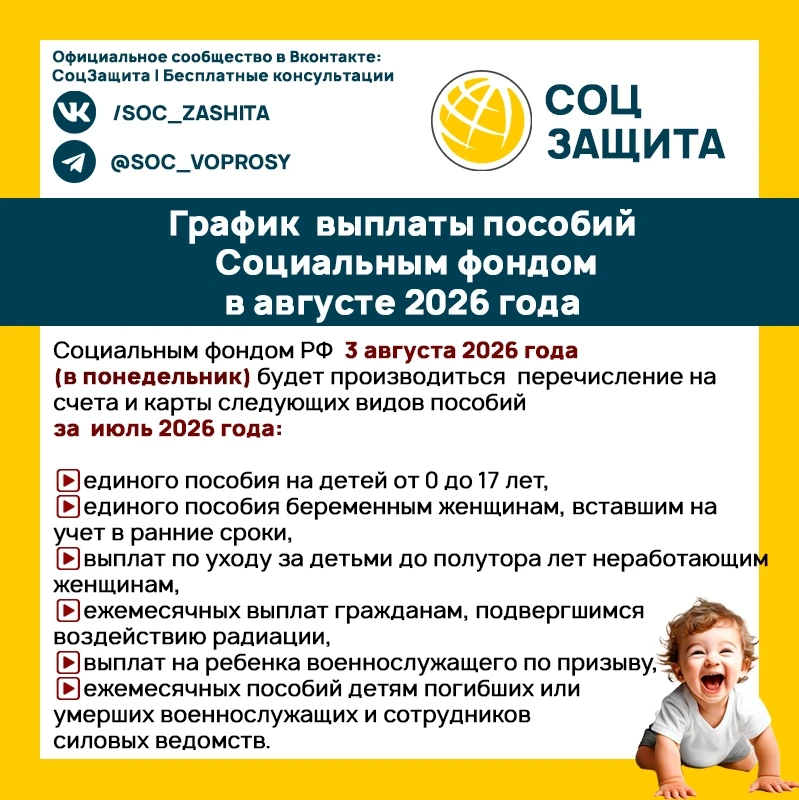 График выплаты пособий Социальным фондом в августе 2026 года