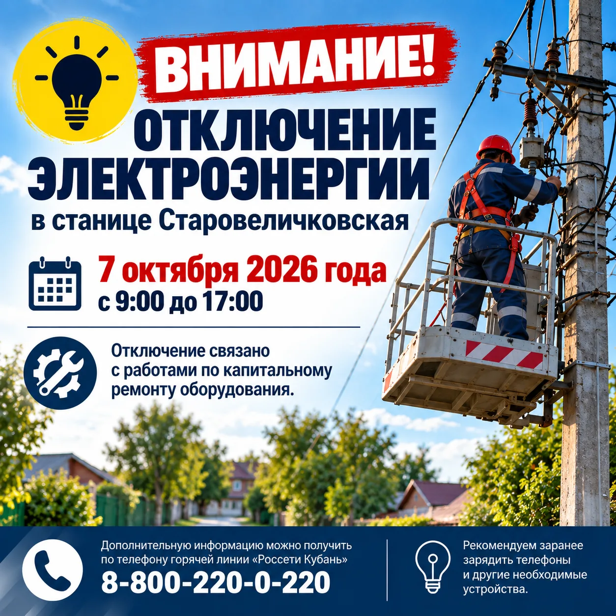 ⚡ Старовеличковская: 7 октября на ряде улиц отключат свет